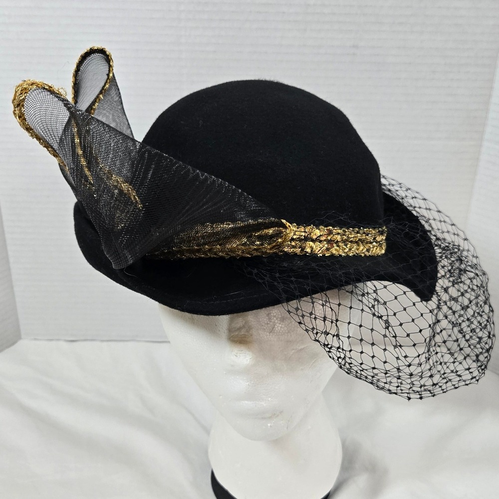 Vintage Mr Charles Black Wool Hat Gold Bow Birdcage Veil Church Derby USA Made